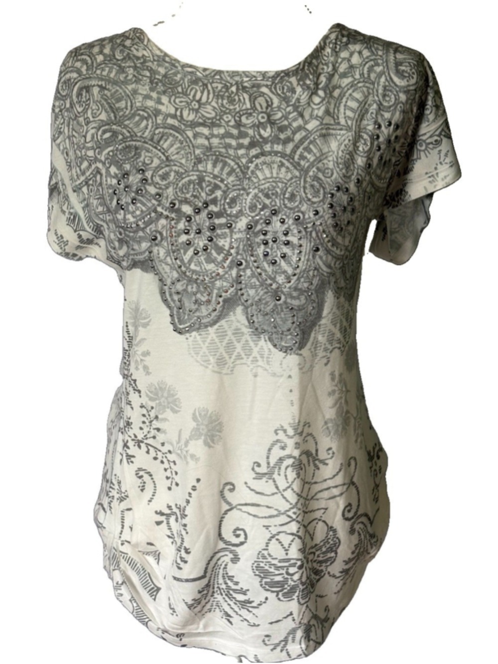 Studio Y Womens M Y2K McBling Studded Rhinestone Lace Print Ruched Graphic Tee⁠